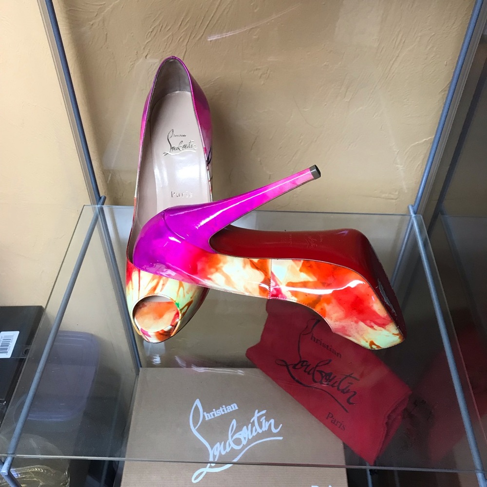 Christian Louboutin Multicolor Patent Peep-Toe Pumps with Red Soles